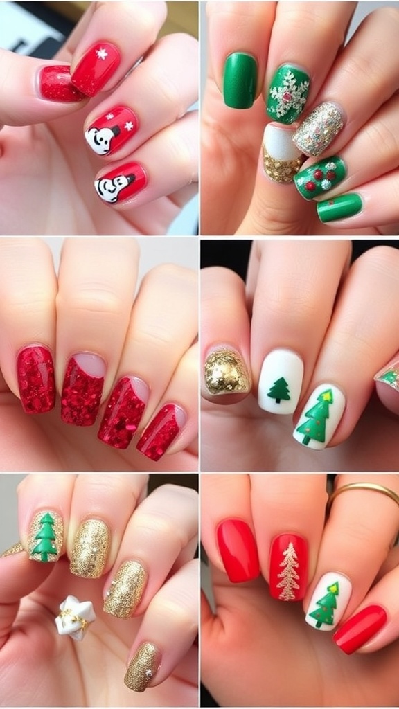 A display of festive Christmas and New Year nail designs in red, green, and gold with glitter and holiday patterns.